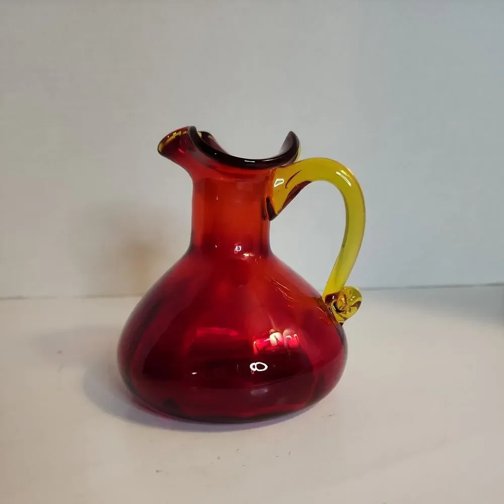 VTG Red Art Glass Optic Creamer Cruet Hand Blown Yellow Trim & Applied Handle